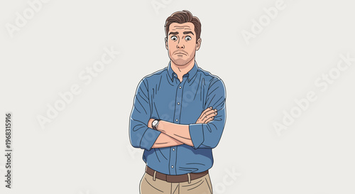 Man with arms crossed looking confused.