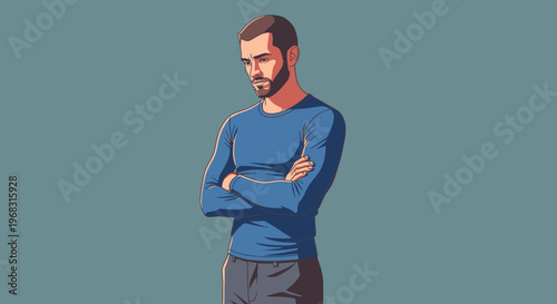 Man with arms crossed looking down thoughtfully.