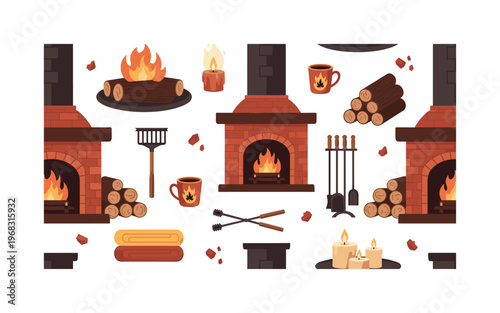 hearth keeper motifs seamless pattern, repeating pattern, surface design, textile print, modern illustration of glowing fireplaces, firewood, hearth tools,