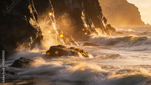 Ocean Waves Crashing Rocky Cliffs at Sunset