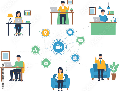 Remote workers collaborating online with various communication tools