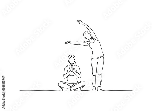 Calm Exercise Routine. Minimalistic one-line drawing individual performing gentle seated and standing movements, continuous single black line on