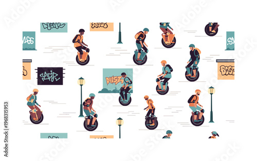 street ride patterns seamless pattern, repeating pattern, surface design, textile print, modern illustration of riders on electric unicycles, helmets, knee