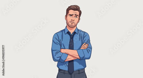 Man with arms crossed looking skeptical.