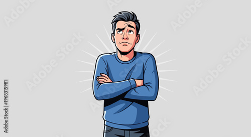 Man with arms crossed looking up thoughtfully.