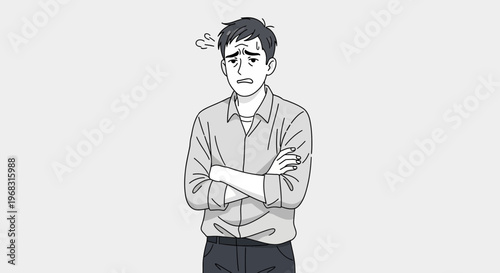 Man with arms crossed looking worried and confused.