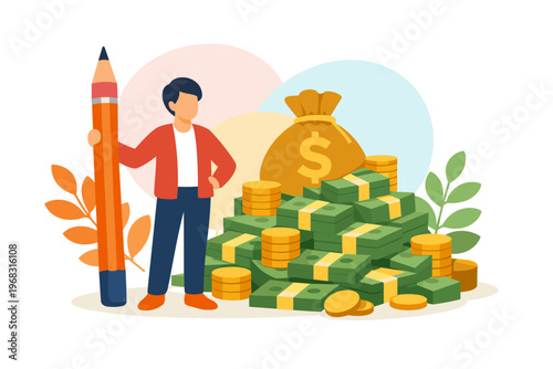 Man Holding Giant Pencil Next to Stack of Money and Gold Coins.