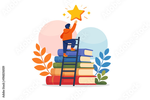 Person climbing ladder on books reaching for star.