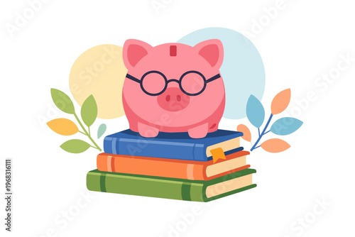 Piggy bank wearing glasses sitting on a stack of books.
