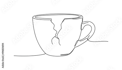 Broken Ceramic Cup. Minimalistic one-line drawing coffee mug with fracture on body and handle, continuous single black line on white background, simple outline