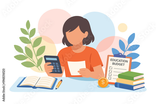 Student calculating education budget with books and calculator.
