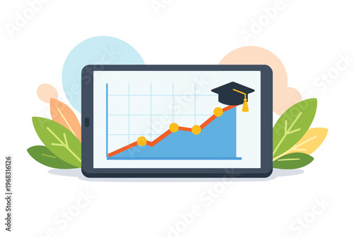 Tablet displays educational growth chart with graduation cap.