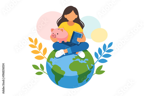 Woman Sitting on Globe Holding Piggy Bank and Book.
