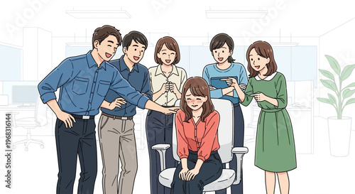 Office colleagues surrounding a sad woman sitting in a chair.