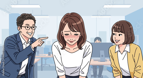 Office colleagues teasing a shy woman in the workplace.