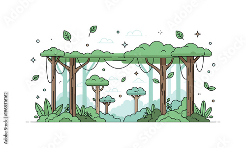 Tropical jungle jungle canopy scene where sunlight filters through tall trees above the forest floor while small sparkle and leaf icons emphasize