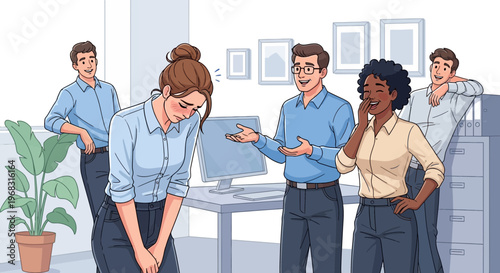 Office workers mocking a distressed female colleague during a meeting.