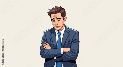 Sad Businessman Standing With Arms Crossed Looking Down.