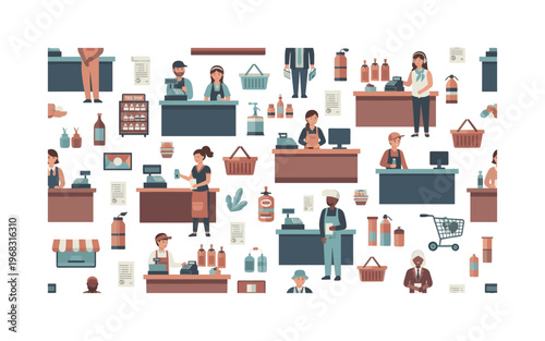 retail service patterns seamless pattern, repeating pattern, surface design, textile print, modern illustration of service workers behind counters, cash