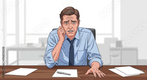 Stressed Businessman Sitting at Desk Looking Worried.