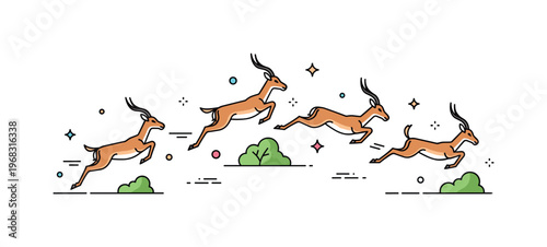 Impalas jumping sequence scene where multiple impalas leap over small shrubs while small sparkle and line icons emphasize agility, energy, and graceful
