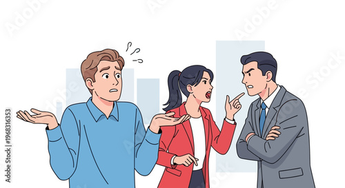 Three people arguing in a business setting with one looking confused.