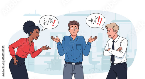 Three people in conflict with speech bubbles showing anger.