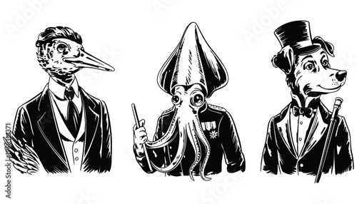 An illustration of anthropomorphic animal characters in formal wear