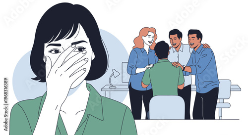 Woman covering mouth in distress with colleagues in background.