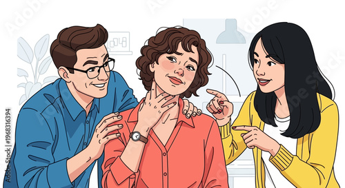 Three people interacting with a woman in distress.