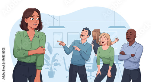 Woman feeling embarrassed as colleagues laugh at her.