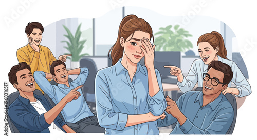 Woman feeling embarrassed and stressed in office environment.