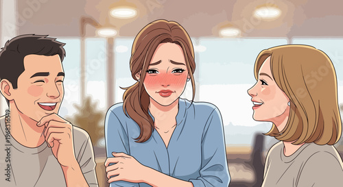 Woman feeling embarrassed between two smiling people.