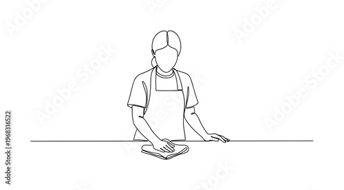 Wiping Counter. Minimalistic one-line drawing person cleaning kitchen countertop, continuous single black line on white background, simple outline style, no