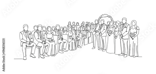 Ceremony Attendance. Minimalistic one-line drawing people seated and standing during formal wedding ceremony, continuous single black line on white background,
