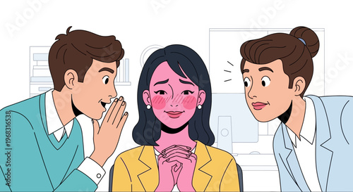 Woman feeling embarrassed by gossip from colleagues at work.