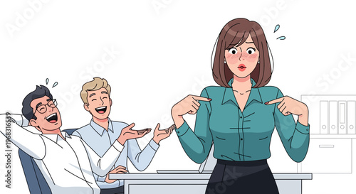 Woman feeling embarrassed by colleagues pointing at her.