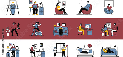 Modern Lifestyle and Remote Work Illustration Set with People Working, Relaxing, Reading and Home Office Activities Flat Vector Collection