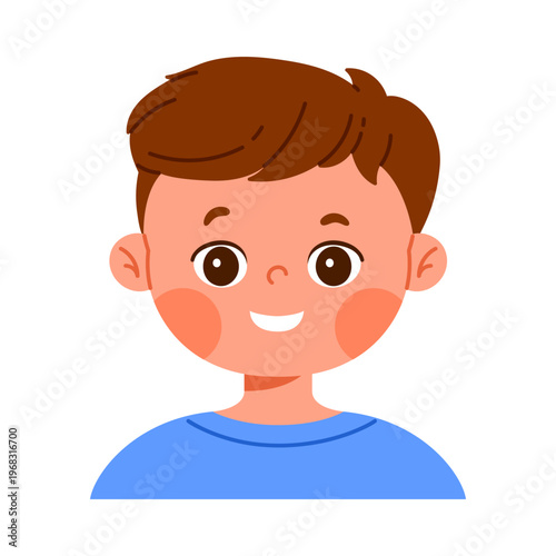 Cute happy little boy character smiling. Facial expression concept. Friendly child avatar with positive emotion. Kid apps and emotion education concept. Isolated vector illustration