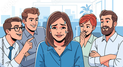 Woman feeling stressed and anxious surrounded by mocking colleagues.