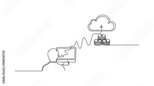 SaaS Subscription Concept. Minimalistic one-line drawing user interacting with cloud-based service subscription, continuous single black line on