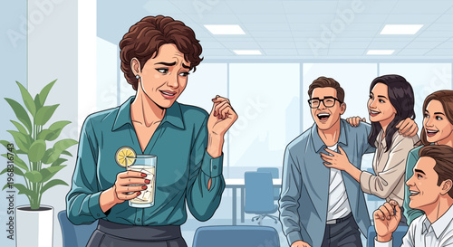 Woman feeling uncomfortable with colleagues laughing at her.