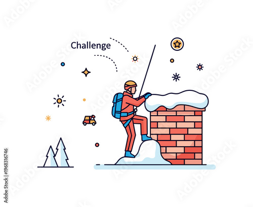 Chimney descent winter climbing concept where an adventurer navigates a snowy chimney while tiny sparkle and star icons highlight challenge, safety, and