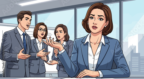 Woman in business suit looking stressed during meeting.