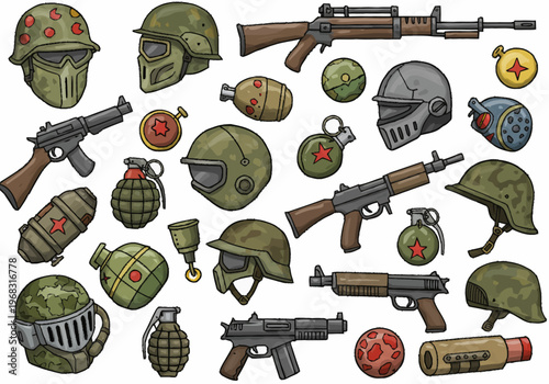 Military equipment and gear scattered on a flat surface for inspection