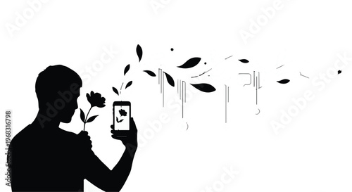 man taking photo with smartphone and flower