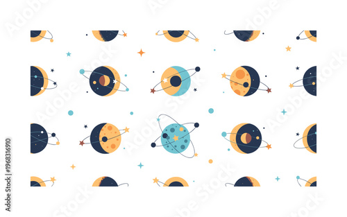 waxing and waning seamless pattern, repeating pattern, surface design, textile print, modern illustration of crescent moons, half moons, full moons, stars,