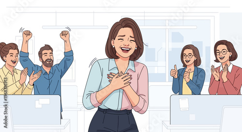 Woman overwhelmed with joy and gratitude in a workplace setting.