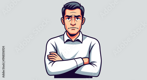 Worried Man With Arms Crossed Looking Directly Forward.