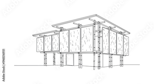Eco Design Building. Minimalistic one-line drawing structure integrating natural biodegradable panels and bamboo supports, continuous single black line on